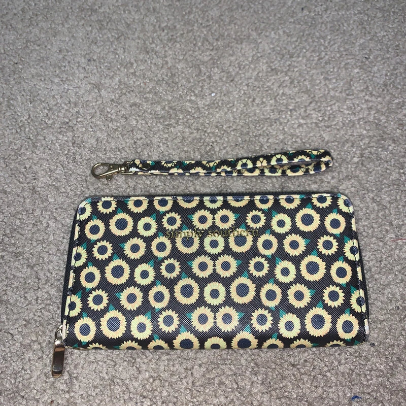 Sunflower patterned zippered wristlet wallet with wrist strap and metal ring