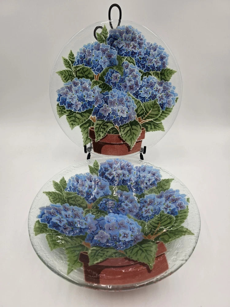 2 PC Peggy Karr fused glass Flower Hydrangea 11 1/4Ó Plate Platter, 10 3/4Ó Bowl Hydrangea
