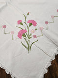 Vintage Tablecloth Heavy Cotton Blend Embroidered Carnations Crochet Lace 48x62 Carnation