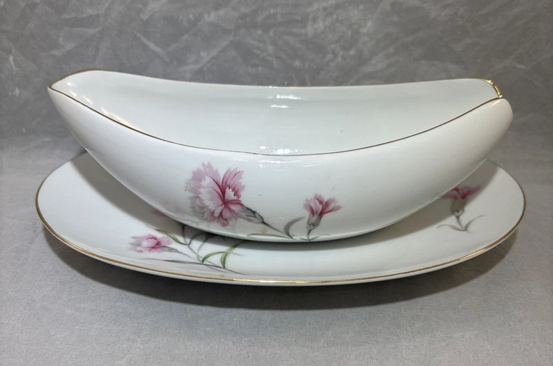 Royal Court Fine China Pink Carnation Gravy Boat w/ Under Plate Gold Trim Japan Carnation