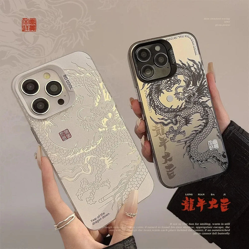 Traditional dragon pattern phone case with gold dragon art, light and dark finishes