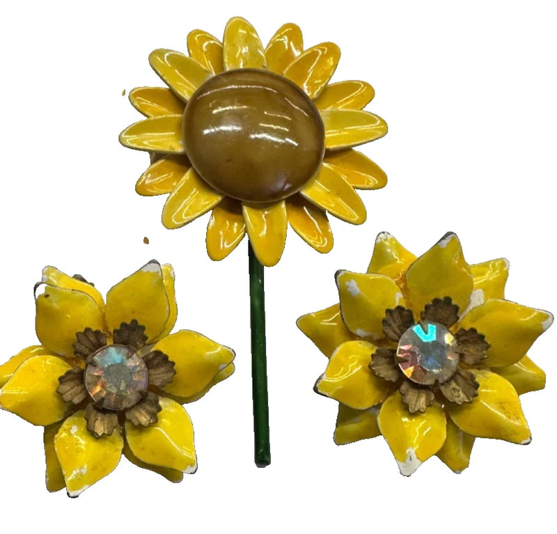 Vintage Enamel Sunflower Metal Brooch and Glass Clip-On Earrings Yellow Sunflower