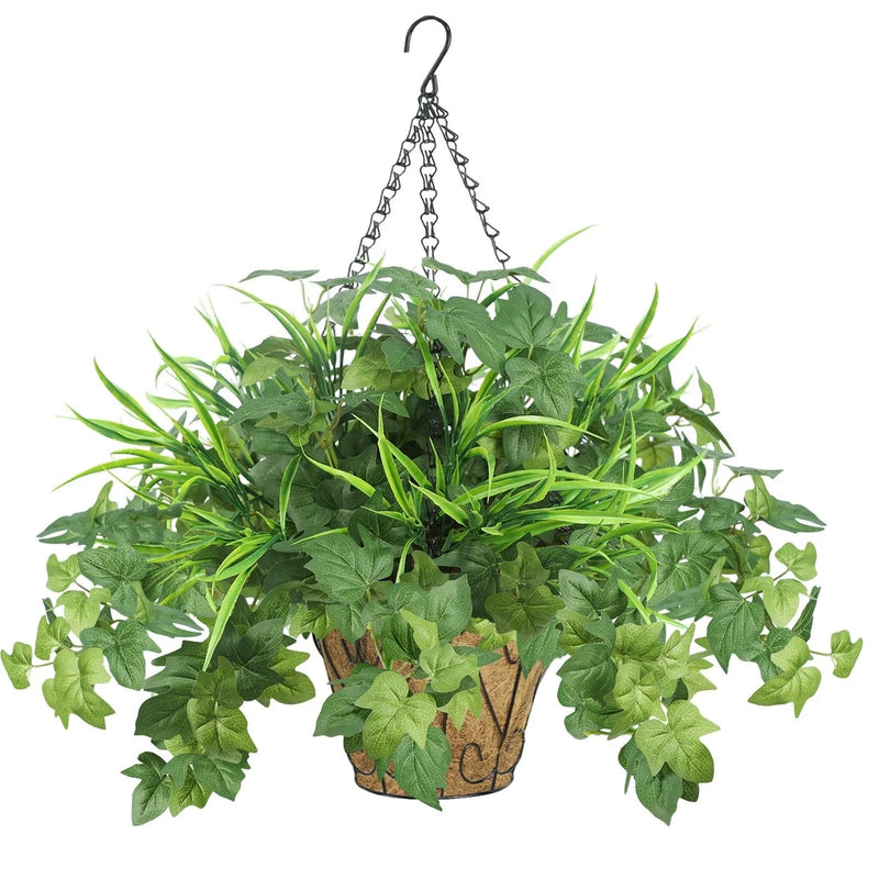 Artificial hanging faux green plants in woven hanging basket