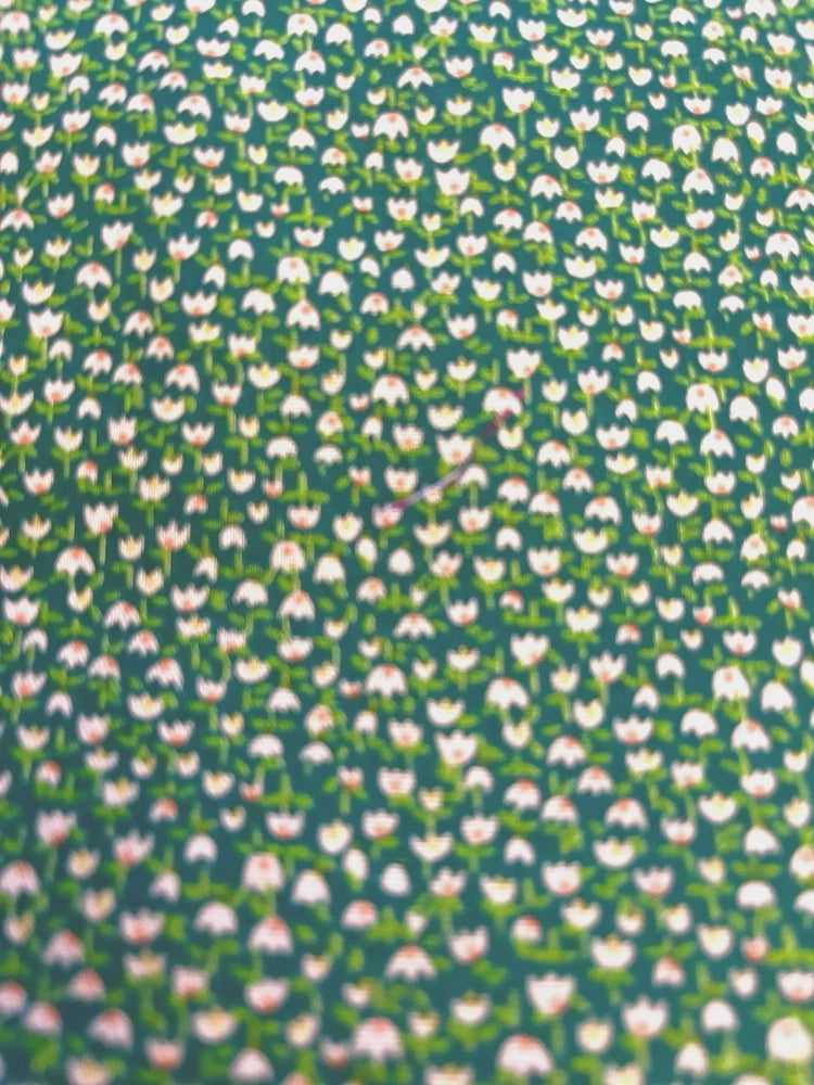 VTG Tiny Ditzy CALICO Grass GREEN w/ White & Pink Tulip Florals Cottagecore BTFQ Flowering Plants