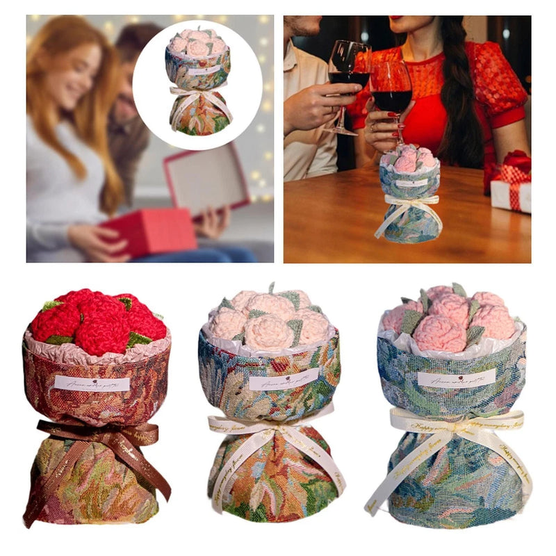 Crochet flower bouquet with rolled knitted flowers in pink and red, wrapped with ribbons