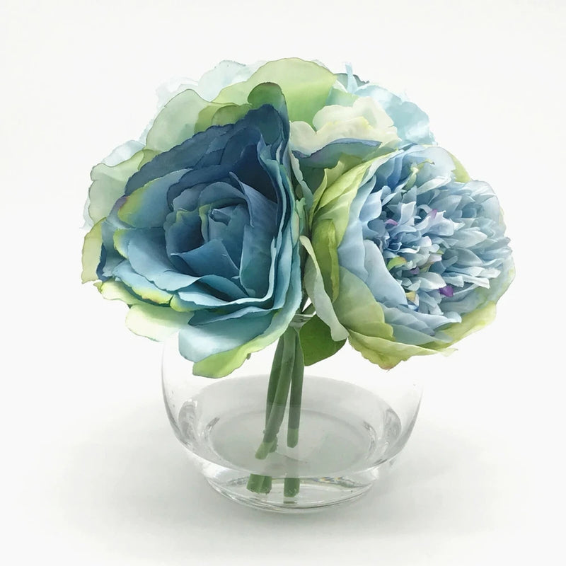 Mixed Open Rose and Peony Silk Flower in Clear Glass Vase with Faux Water Peony