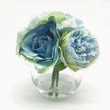 Mixed Open Rose and Peony Silk Flower in Clear Glass Vase with Faux Water Peony