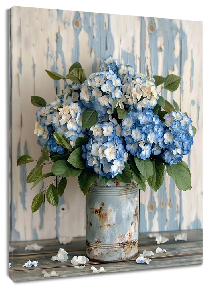 Plant Green Leaf Blue Hydrangea Floral Canvas Wall Art for Bathroom Living Room Hydrangea