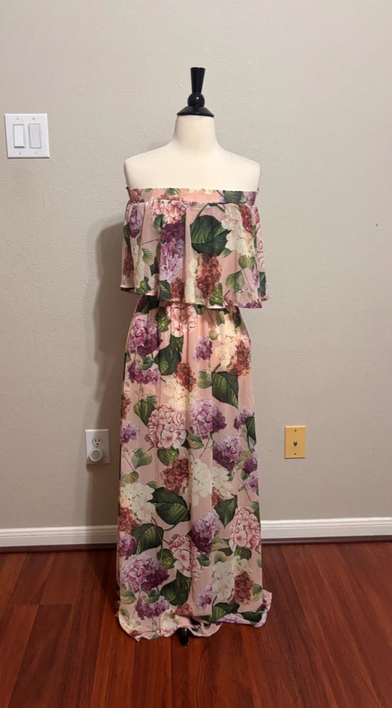 NWT Show Me Your MuMu Sz XS Brynlee Hydrangea Print Off Shoulder Maxi Dress Hydrangea
