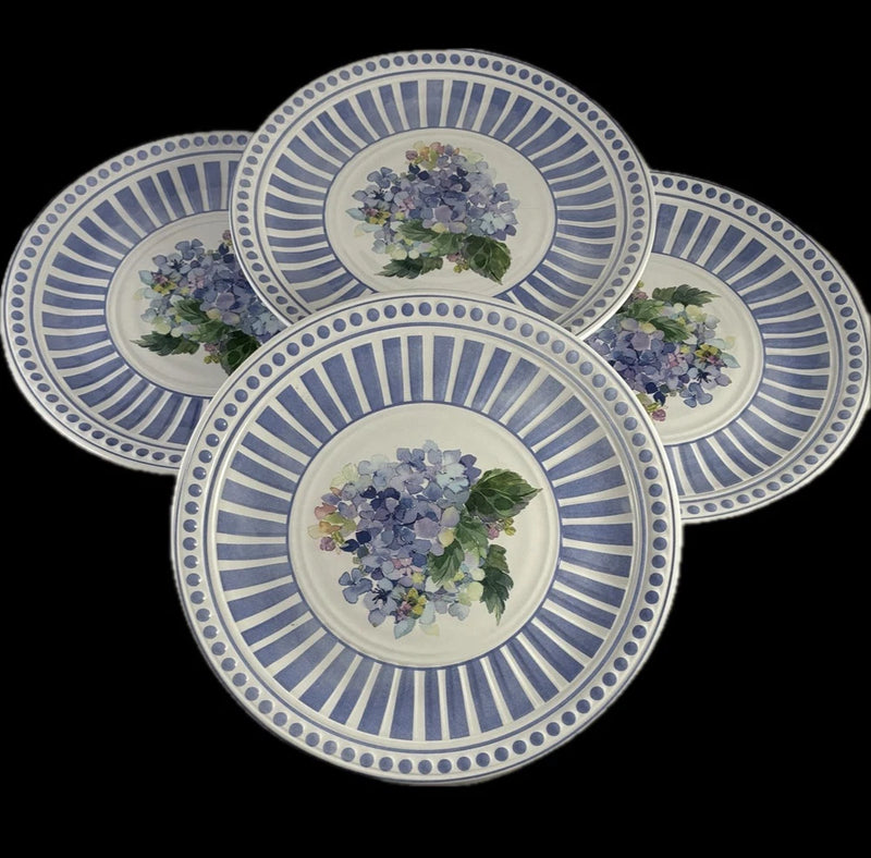 4 Shabby Chic Floral Hydrangea Blue White Melamine Textured Plates 9" Lilac Hydrangea
