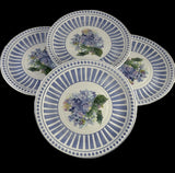 4 Shabby Chic Floral Hydrangea Blue White Melamine Textured Plates 9" Lilac Hydrangea