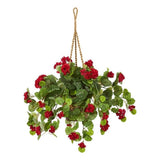 Nearly Natural 27" Geranium Artificial Plant in Hanging Basket in Red Green Plant