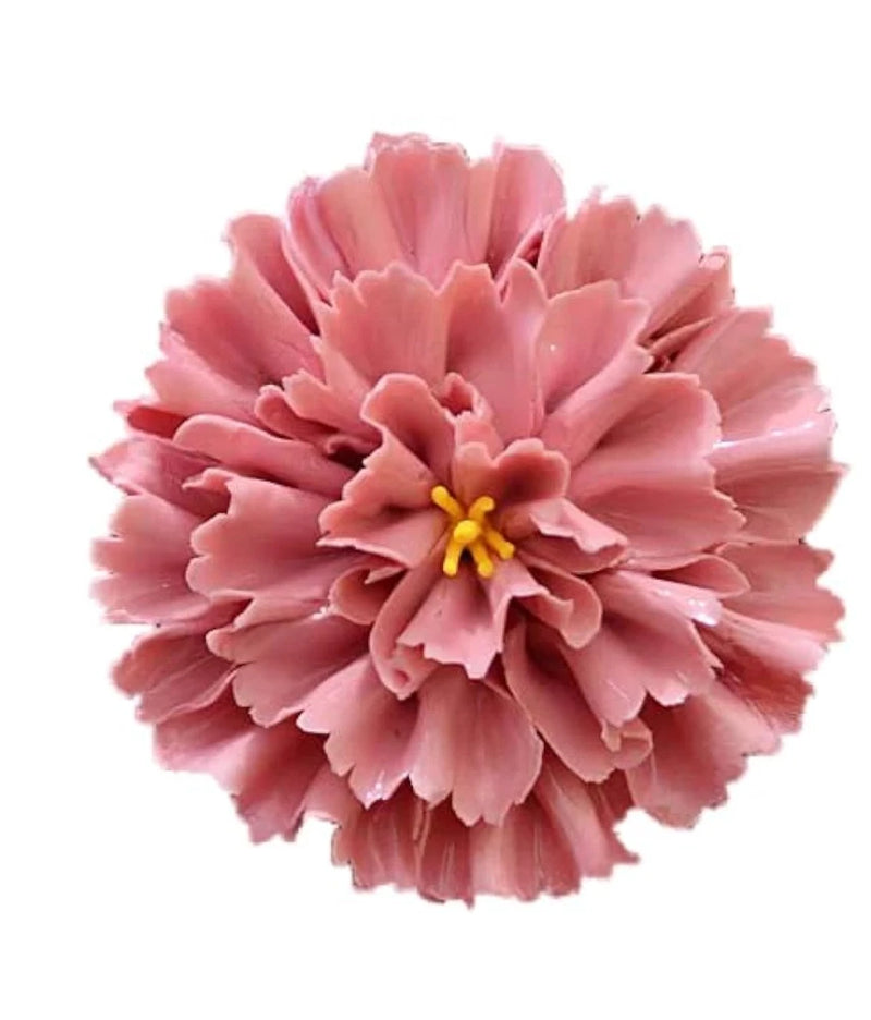 Pink 3D artificial ceramic wall flower decor, round carnation bloom with yellow center