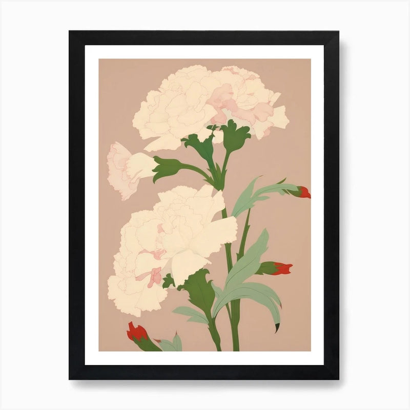 Framed wall art poster with illustrated pink carnations, green stems, and black frame