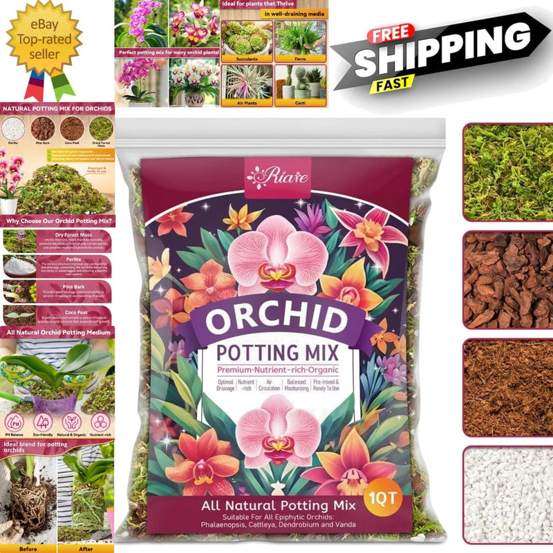 1QT orchid potting mix bag with floral design, organic all-natural potting media