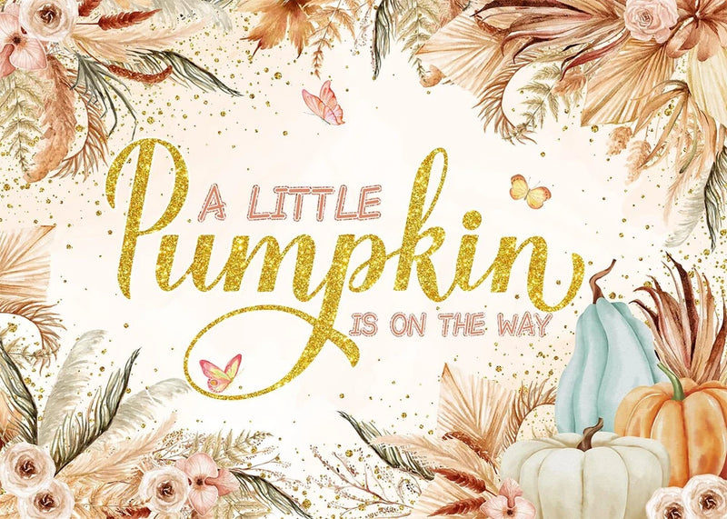 Fall Boho Baby Shower Backdrop Pumpkin Pampas Grass Floral Watercolor Background Pampas Grass
