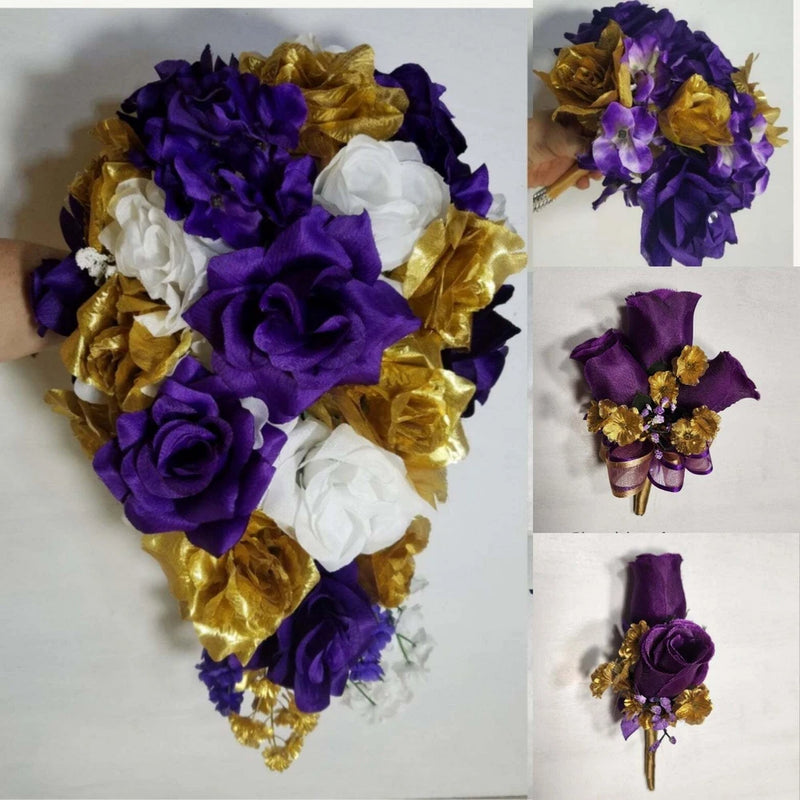 Purple, gold and white bridal bouquet with decorative ribbons and rosette flowers