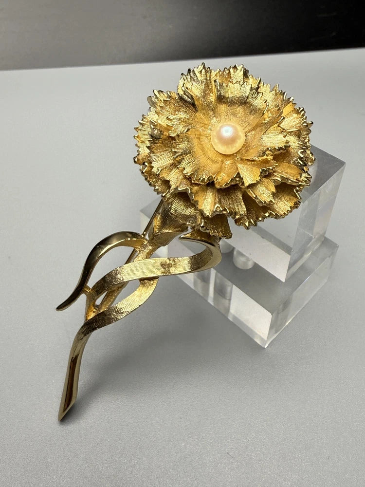 Marcel BOUCHER Gold Carnation Flower W/Faux Pearl Brooch Pin Signed Vintage Carnation
