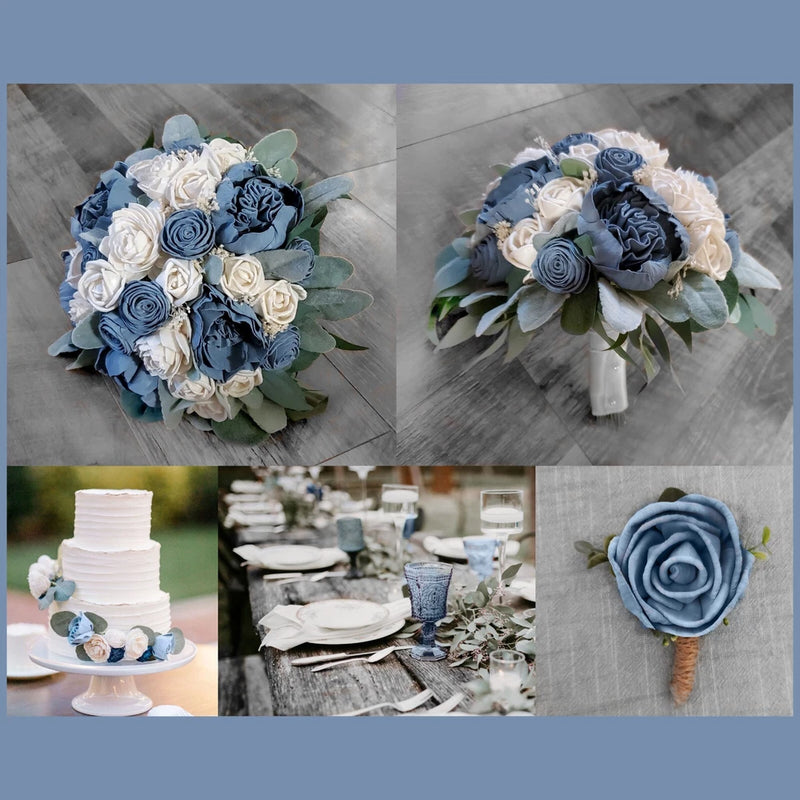 Dusty Blue Bridal Bouquet Ivory White Sola Wood Wedding Flowers Bridesmaid Prom Bouquet