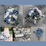 Dusty Blue Bridal Bouquet Ivory White Sola Wood Wedding Flowers Bridesmaid Prom Bouquet