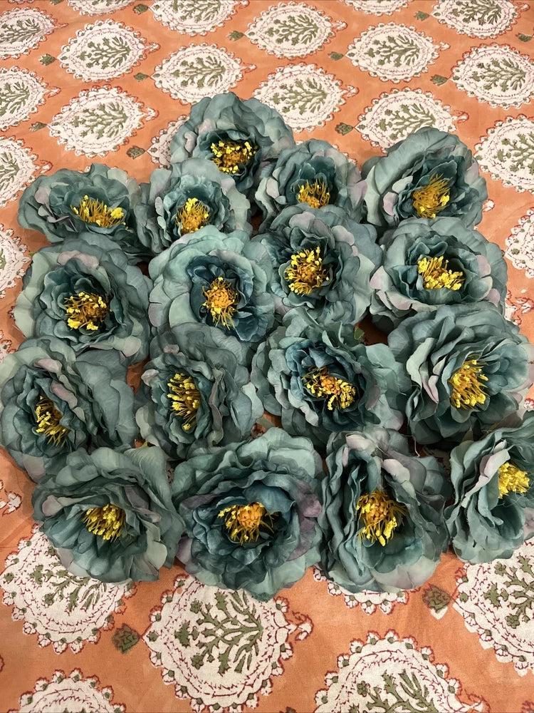 Artificial teal blue peony flower heads with gold centers, assorted set