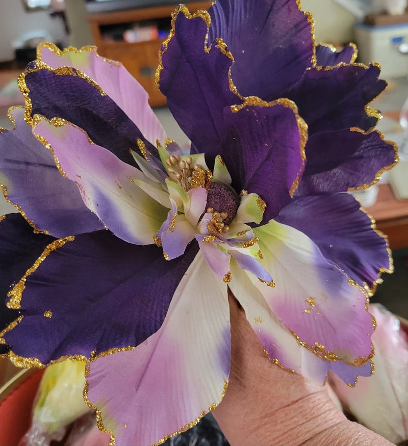 Purple peony silk flower with glitter-trimmed petals and attached stem