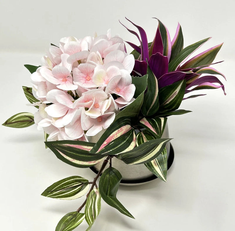 7" Artificial Purple TRADESCANTIA & Pink HYDRANGEA Silk flower potted plants in Hydrangea