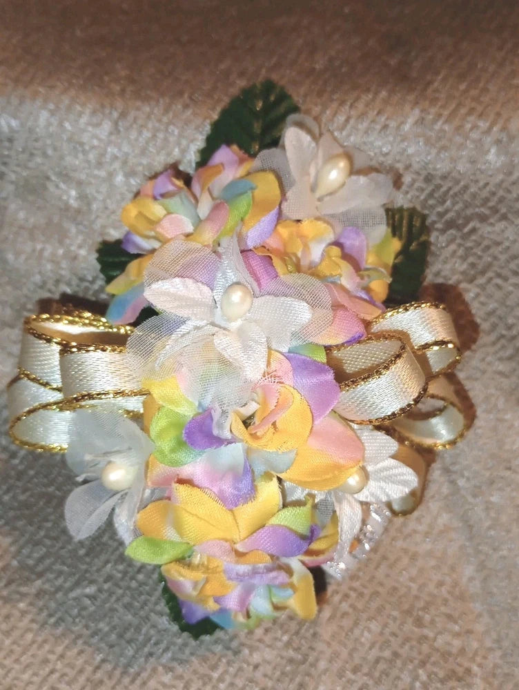 NEW 5" Artificial Pastel Rainbow Rose Wrist Corsage W/Pearl Accents Gold Bow Bouquet