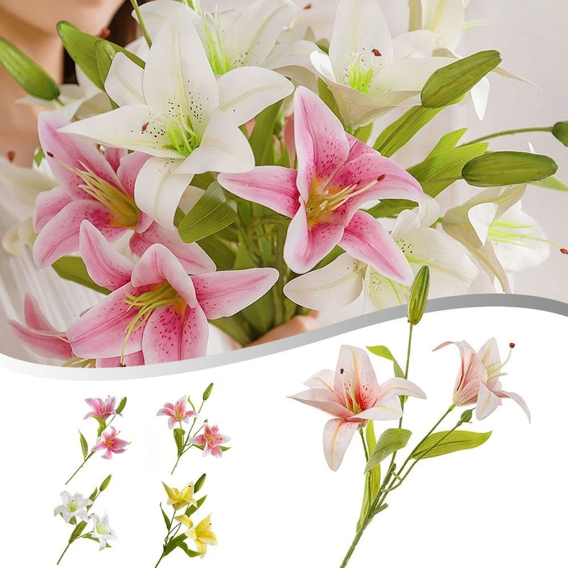 Artificial lily flower bouquet with pink-and-white blooms and green leaves