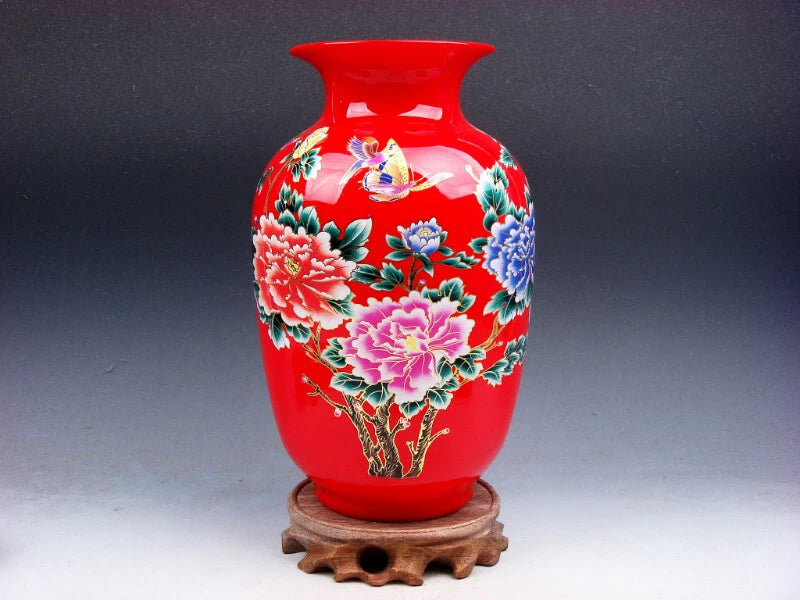 Red Glazed Porcelain Gold Gilt Butterfly Peony Flower Painted Vase #10111903 Peony