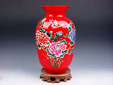 Red Glazed Porcelain Gold Gilt Butterfly Peony Flower Painted Vase #10111903 Peony