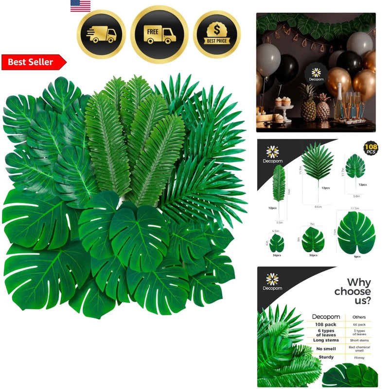 Artificial Palm Leaves Set 108 Pack Tropical Fake Green Monstera Safari Party... Green Plant