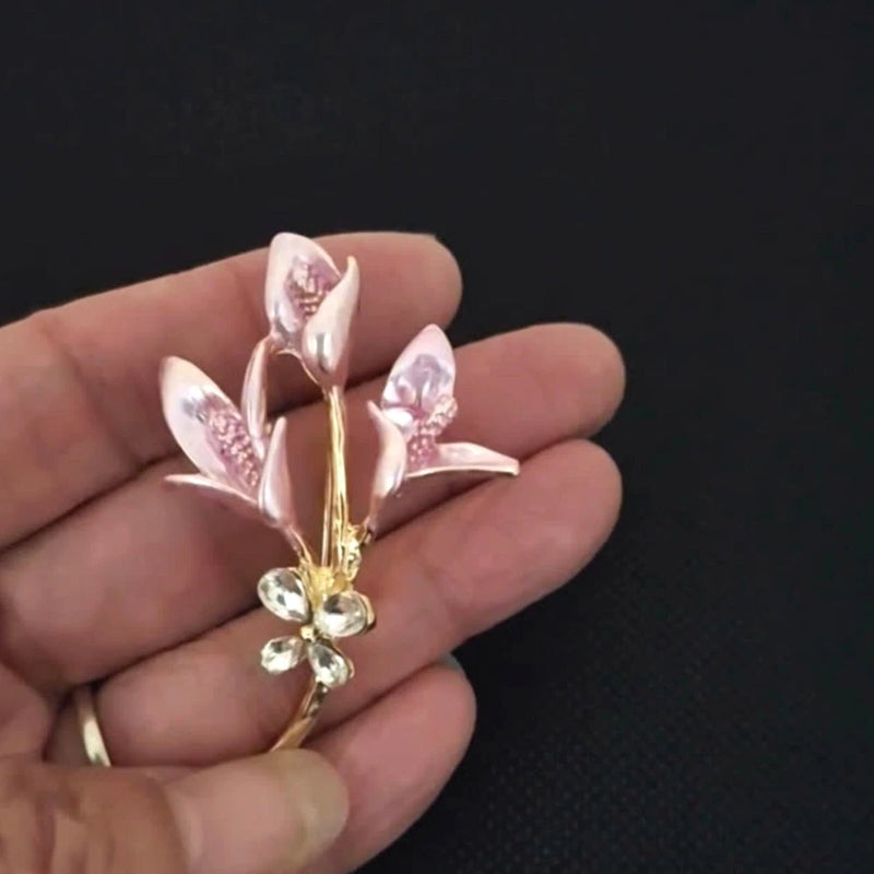 Luxury Crystal Pink Lily Flower Brooch Collar Lapel Pin - Jewelry Pouch with Box Lily