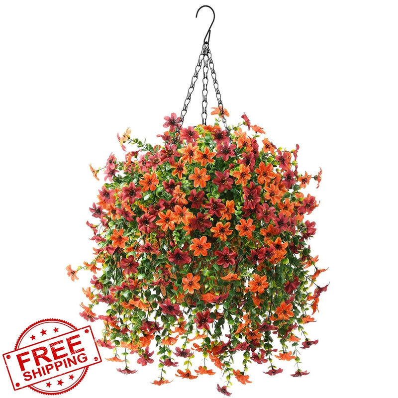 Artificial Daisy Hanging Flower Basket Orange Brown Fake Silk UV Resistant Daisies