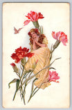 Postcard Fantasy Flower Girl Thumbelina Butterfly Carnations Fairy Tale Carnation