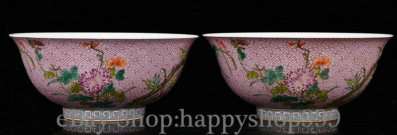 6" Chinese Kangxi Marked Pastel Porcelain Lotus Peony Flower Pattern Bowl Pair Peony
