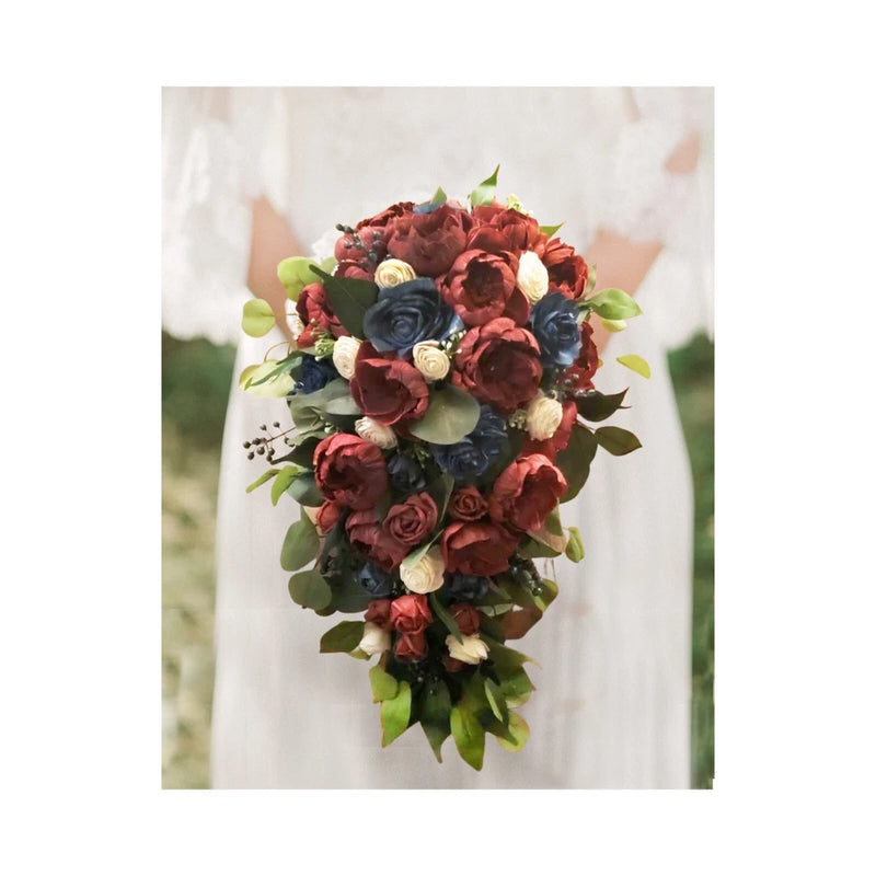 Burgundy Navy Blue Cascade Bridal Bouquet Artificial Sola Wood Wedding Flowers Bouquet