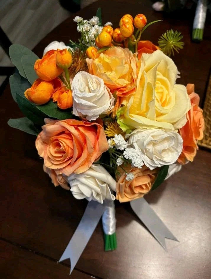 NEW Bridal Boutique Oranges, White Colors Bride  12", Made In USA, Silk Florals Bouquet