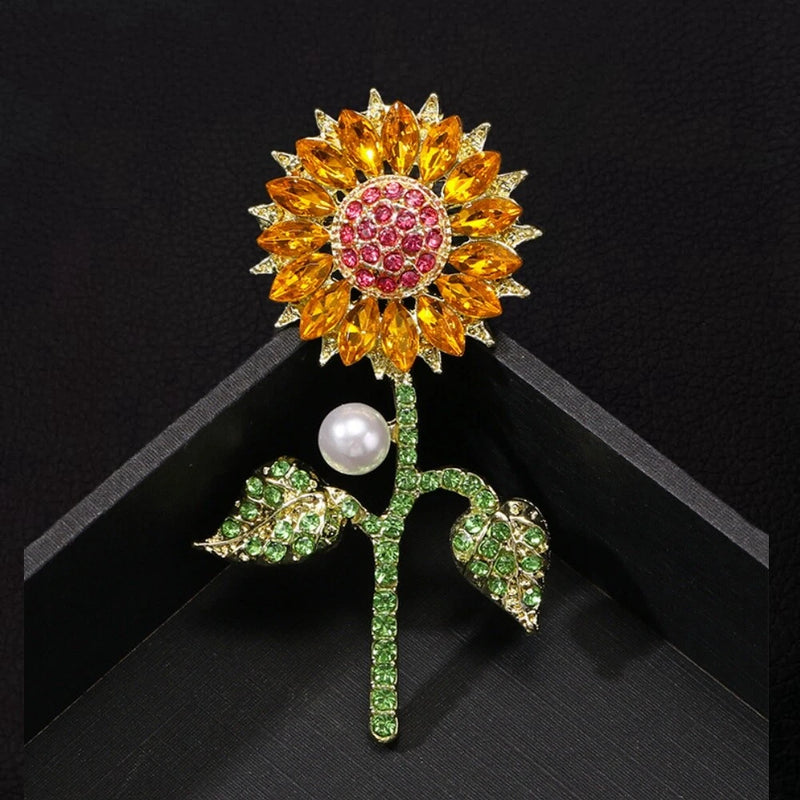 Women's Yellow Green Rhinestone Sunflower Leaf Brooch Pin Sunflower