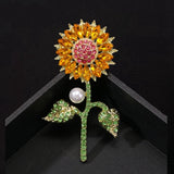 Women's Yellow Green Rhinestone Sunflower Leaf Brooch Pin Sunflower