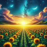 Huge Field of Sunflowers Sunflower Rows Sunset Stars Moons Poster Print 24 x 24 Sunflower