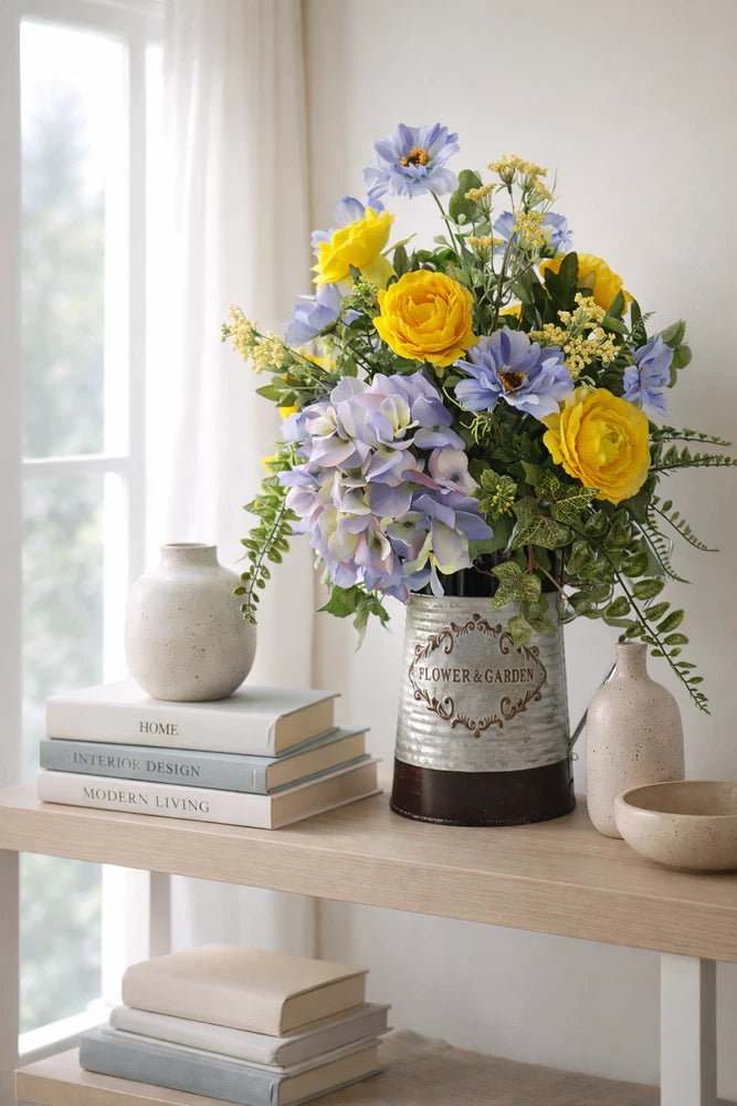 Blue and Yellow Floral Arrangement, Hydrangea Centerpiece, Wildflower Decor Hydrangea