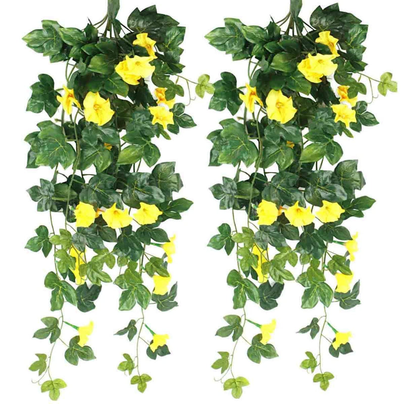 2PCS Artificial Fake Hanging Plants Morning Glory Flowers Vine In/Outdoor Decor Green Plant