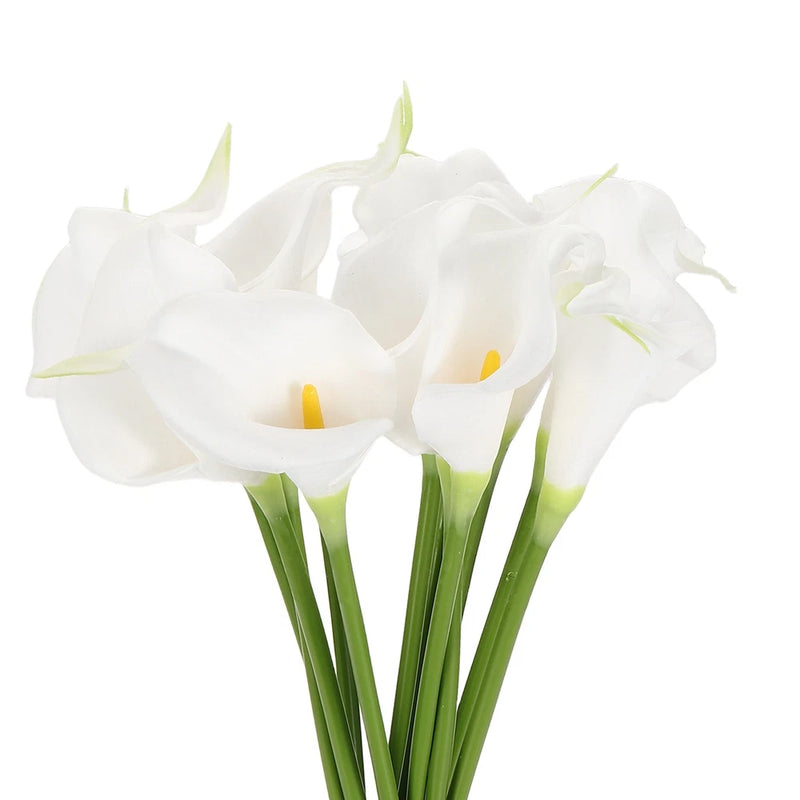 Artificial calla lily flowers, white blooms with yellow centers, green stems (12-pack)