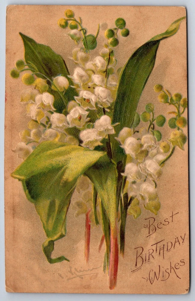 Vintage lily-of-the-valley flower bouquet birthday postcard with handwritten wishes