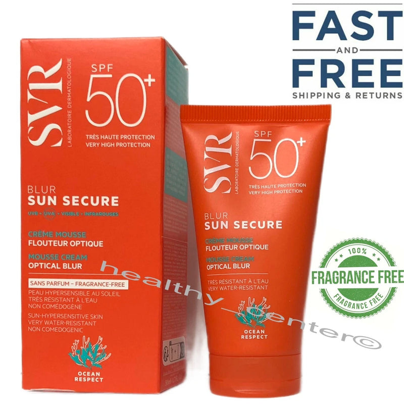 SPF 50 optical blur sunscreen mousse cream in orange squeeze tube and box