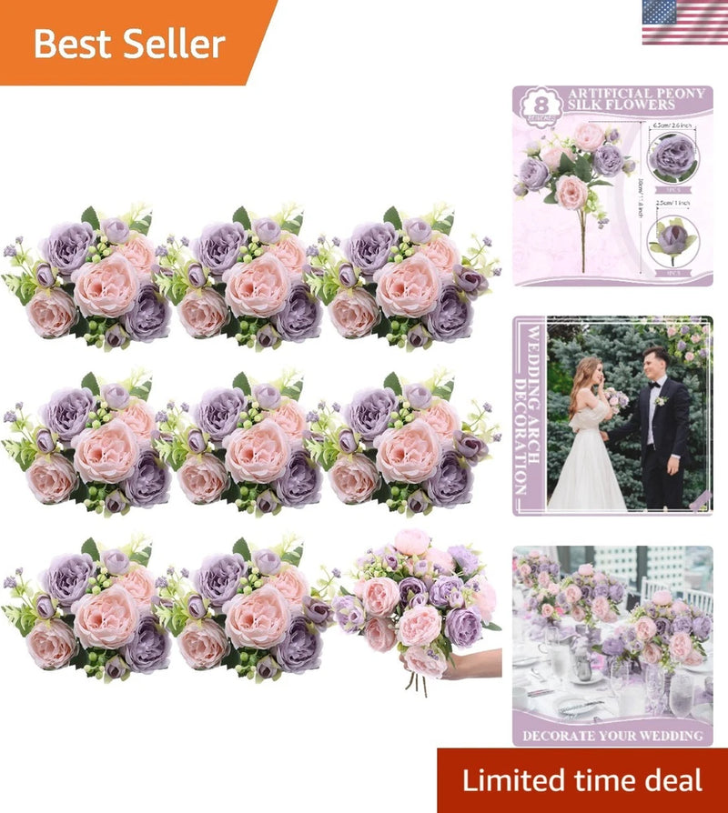Artificial pink and lavender peony flower bundles with stems and leaves, 8-pack