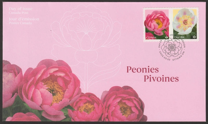 Peonies First Day Cover FDC 2025 with pink peony design and two postage stamps