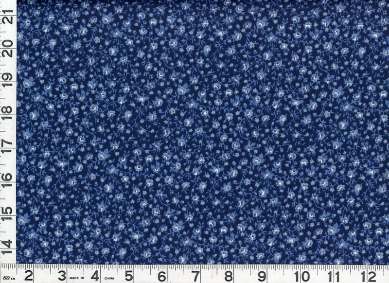 Dark blue quilting fabric with light blue rose and vine print