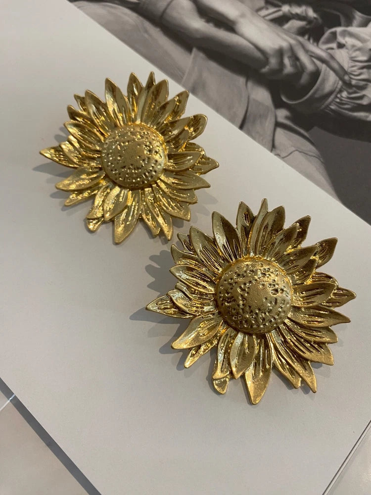 Latoir Fashion Blogger Gold Sunflower Flower Oversized Statement Stud Earrings Sunflower